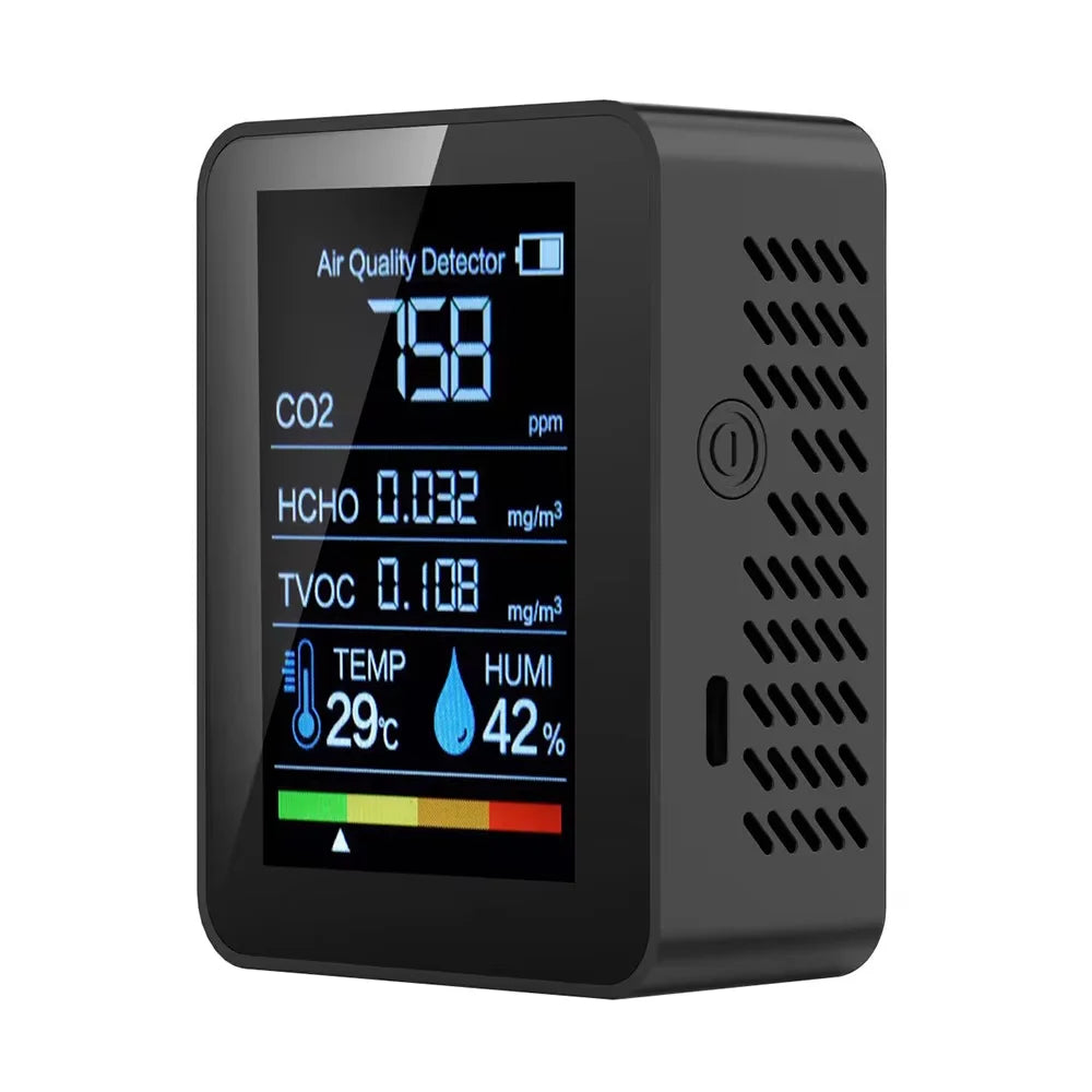 5-in-1 Carbon Dioxide Detector Formaldehyde/TVOC/CO₂/Temperature/Humidity Air Quality Monitor Audible and Visual Alarm Function