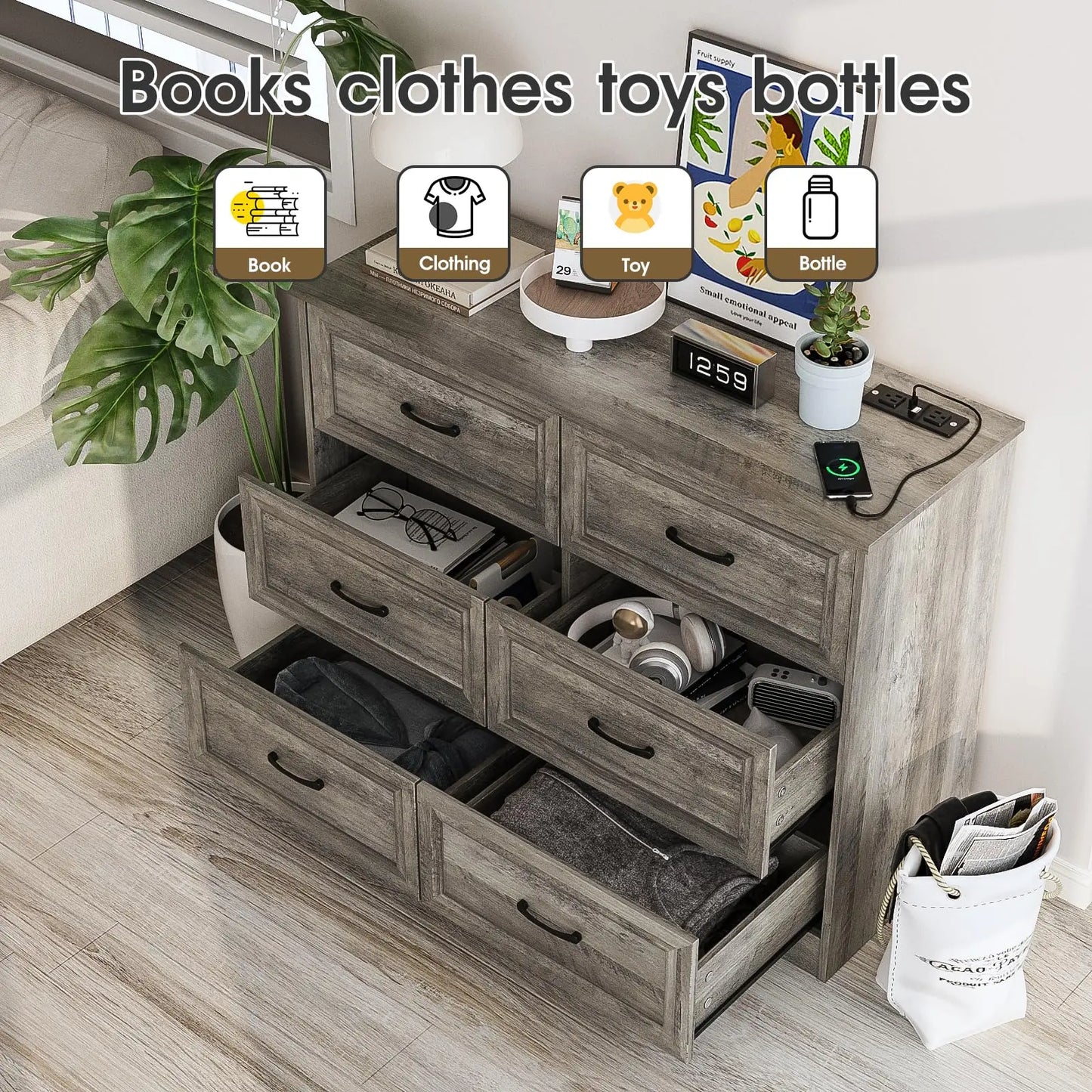 Vabches 6 Drawer Dresser for Bedroom Wood Chest of Drawers with Power Strip Tall Dresser Organizer with Metal Handle for Hallway annizon.com