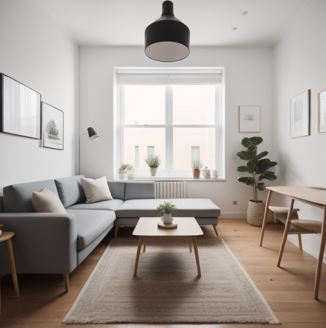 Modern living room with light grey sofa, wooden coffee table, indoor plants, and natural light from a large window.