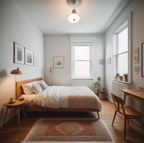 Cozy and minimalist Airbnb bedroom with wood furniture, wall art, and natural light from large windows.