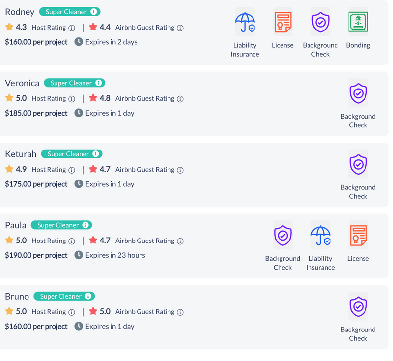 List of Airbnb cleaners with ratings, prices, project deadlines, and credentials including background check, liability insurance, and licenses.