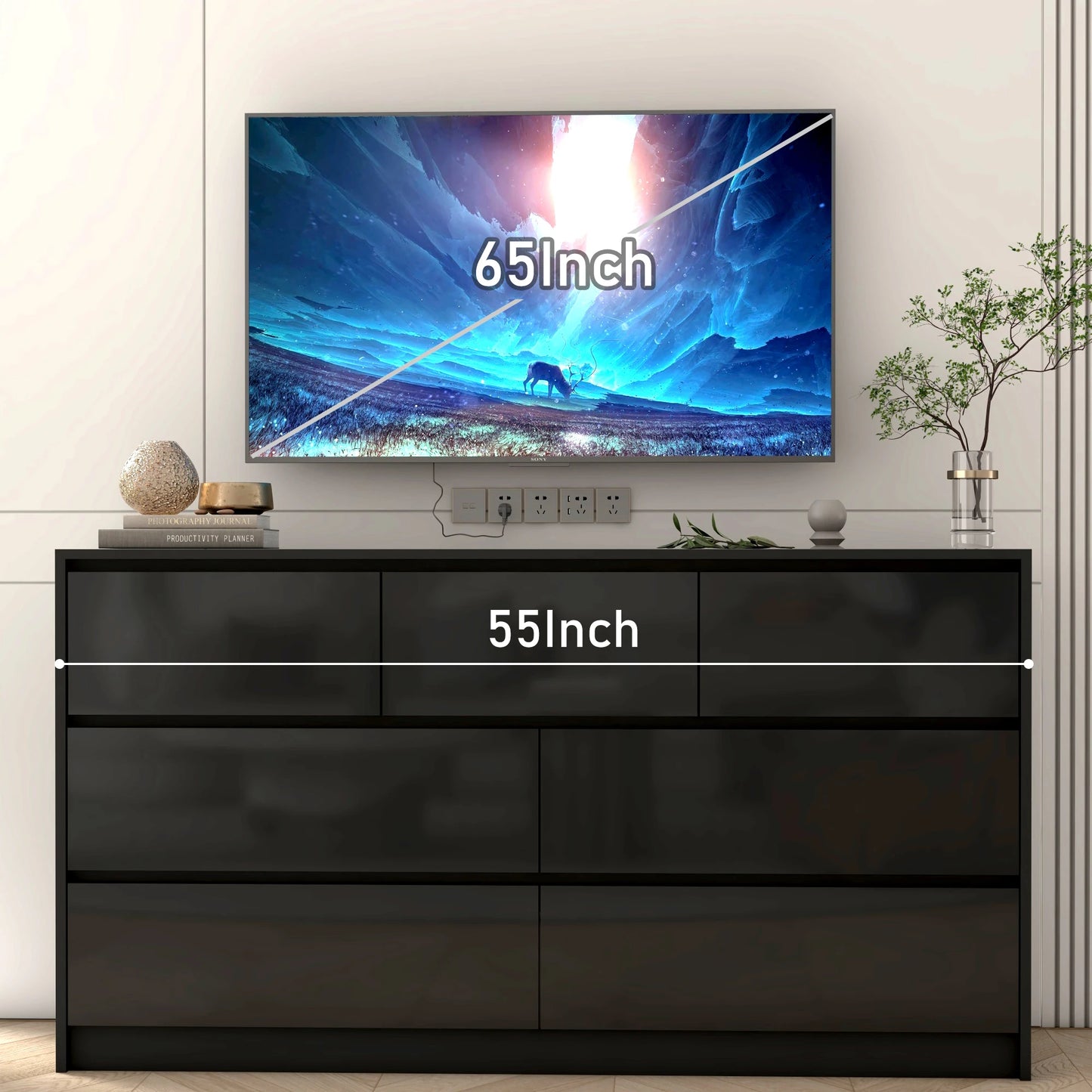 7 Drawer Dresser for Bedroom, 55 Inch Modern Dresser with High Gloss Drawers, Large Wood Chest of Drawer, White/Black annizon.com