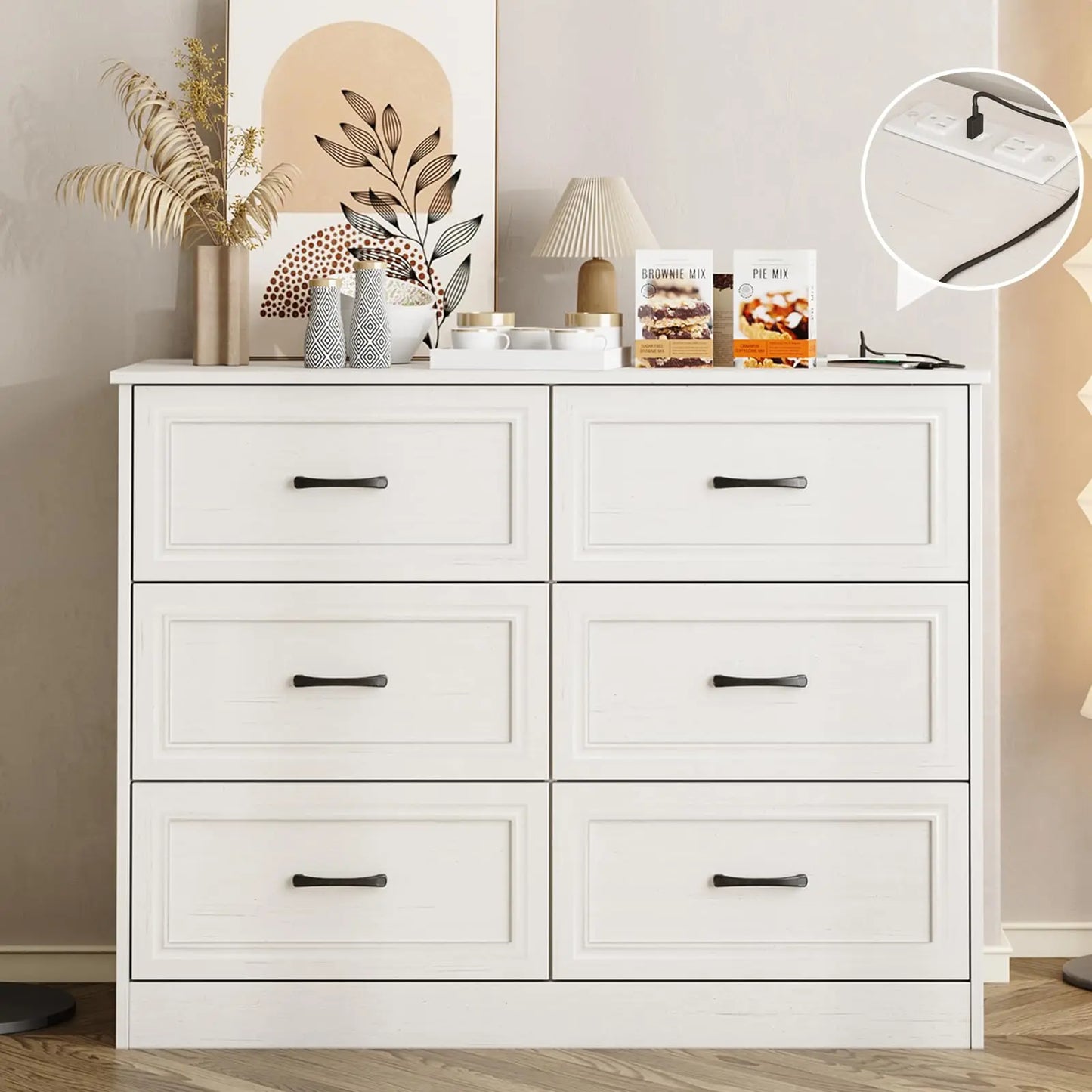 Vabches 6 Drawer Dresser for Bedroom Wood Chest of Drawers with Power Strip Tall Dresser Organizer with Metal Handle for Hallway annizon.com