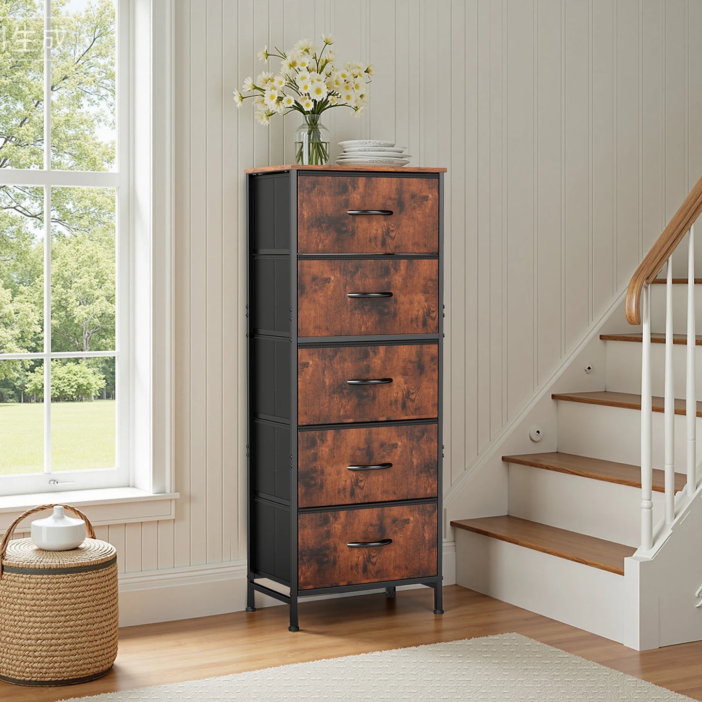 JHK 48IN Dresser For Bedroom With 5 Fabric Drawers Nightstand Wardrobe Steel Frame Closet For Clothes Storage Cabinet Furniture annizon.com