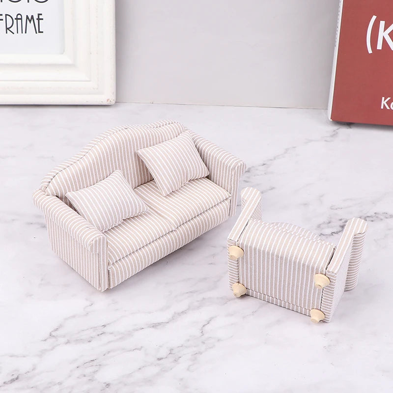1:12 Dollhouse Miniature Striped Furniture Sofa With Pillow Sofa Model Furniture Scene Toy Doll House Decor Dollhouse Accessorie annizon.com