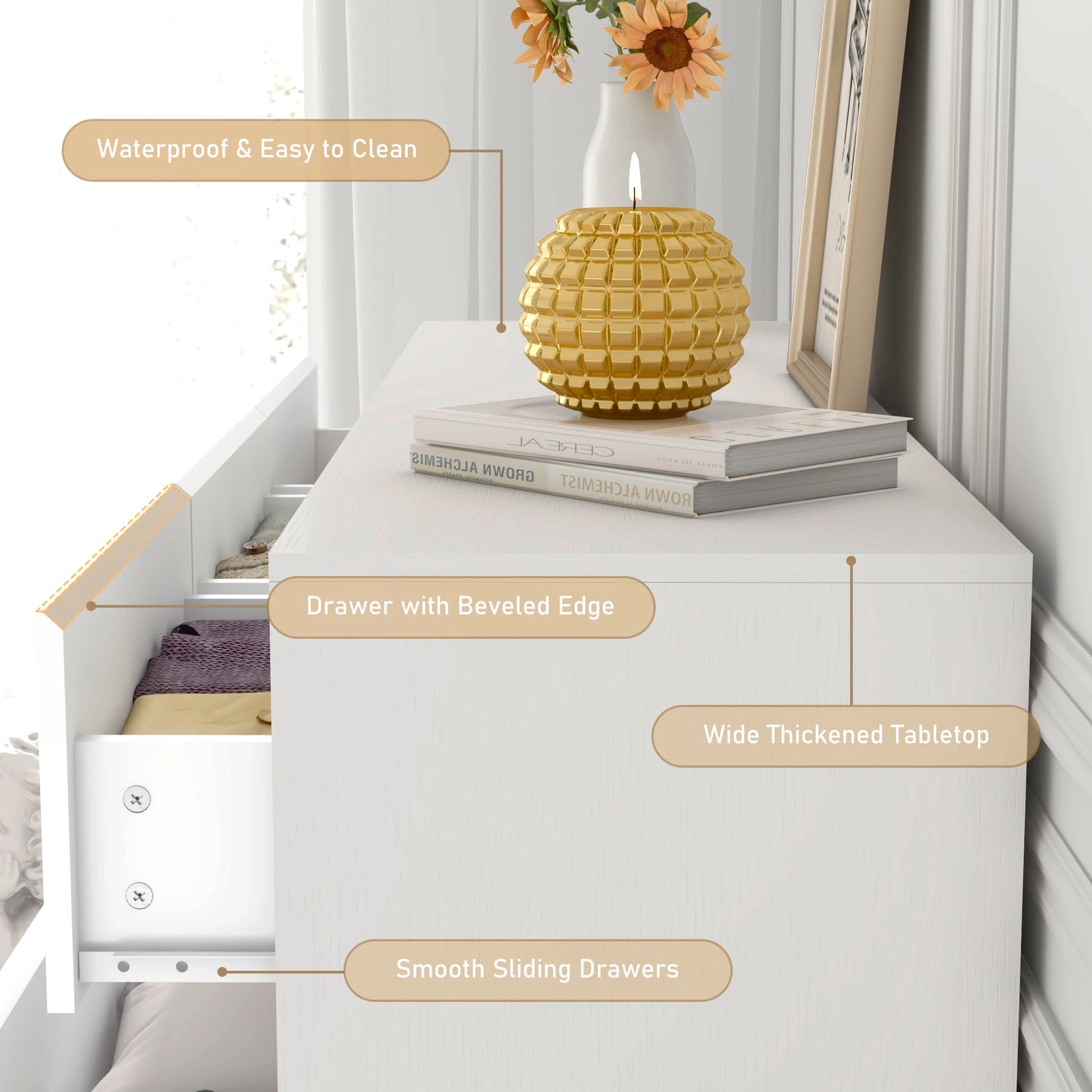 7 Drawer Dresser for Bedroom, 55 Inch Modern Dresser with High Gloss Drawers, Large Wood Chest of Drawer, White/Black annizon.com