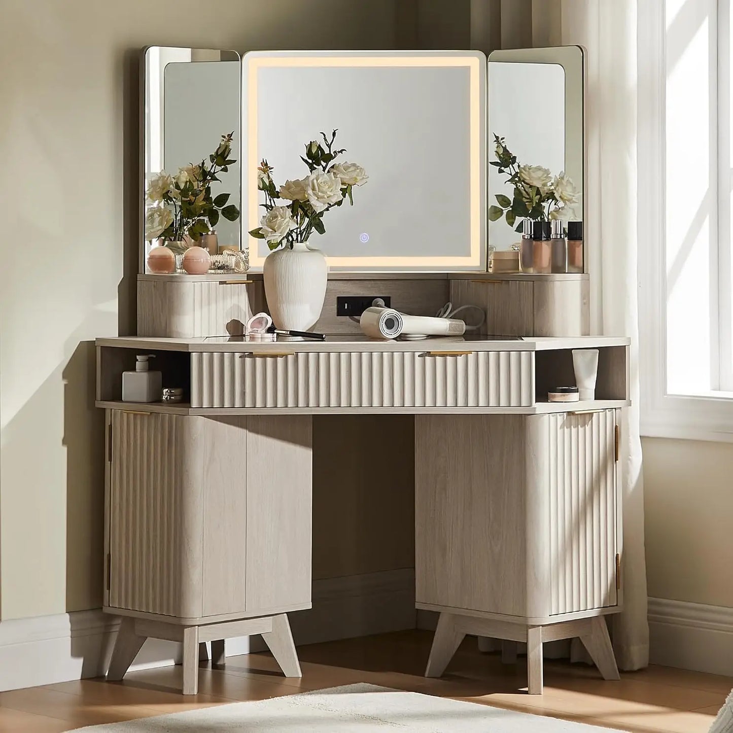 Fluted Makeup Vanity Desk with 3 Way Mirror and Lights, 48" Large Corner Vanity Table with Glass Top, Charging, Customized annizon.com