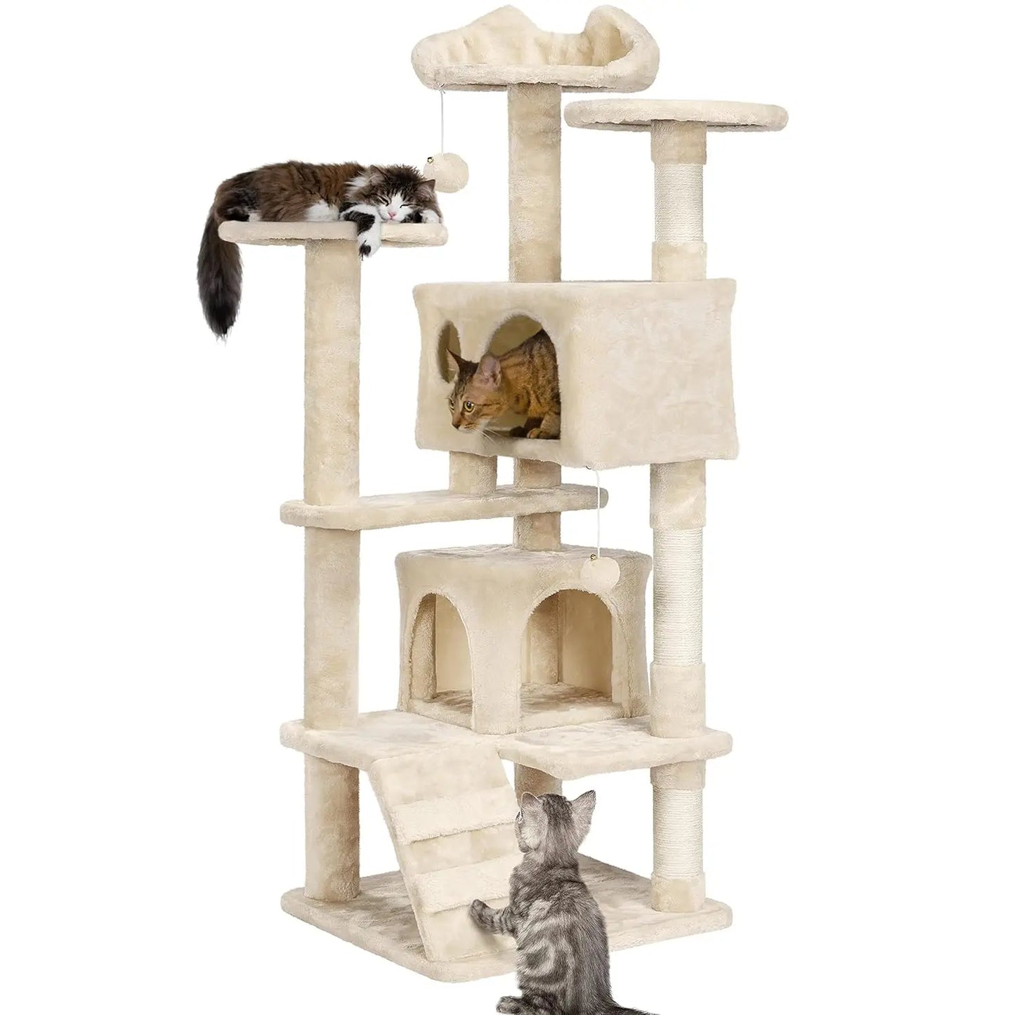 54in Multi-Level Cat Tree Kitten-ear Perch 2 Caves Scratch Posts Ladder 2 Balls Indoor Kittens Durable Pet Furniture , Custom annizon.com