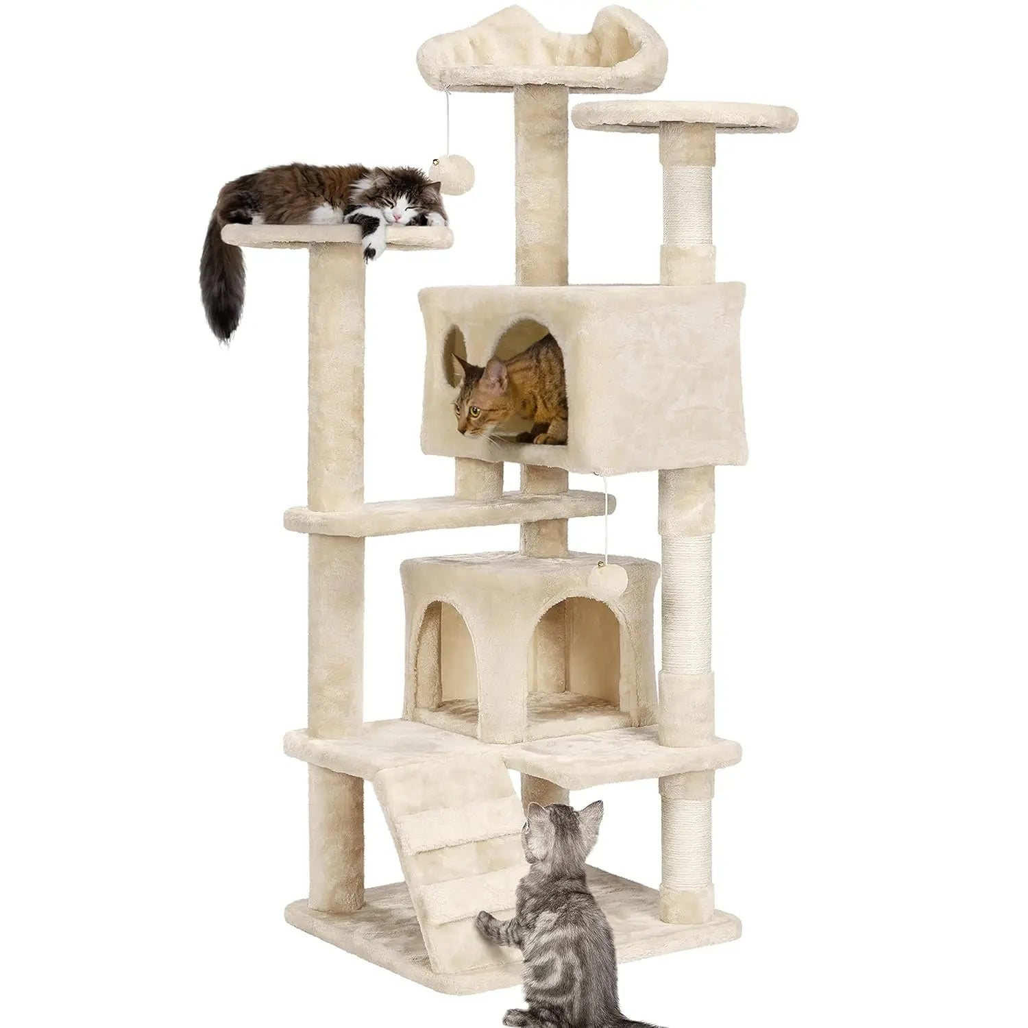 54in Multi-Level Cat Tree Kitten-ear Perch 2 Caves Scratch Posts Ladder 2 Balls Indoor Kittens Durable Pet Furniture , Custom annizon.com