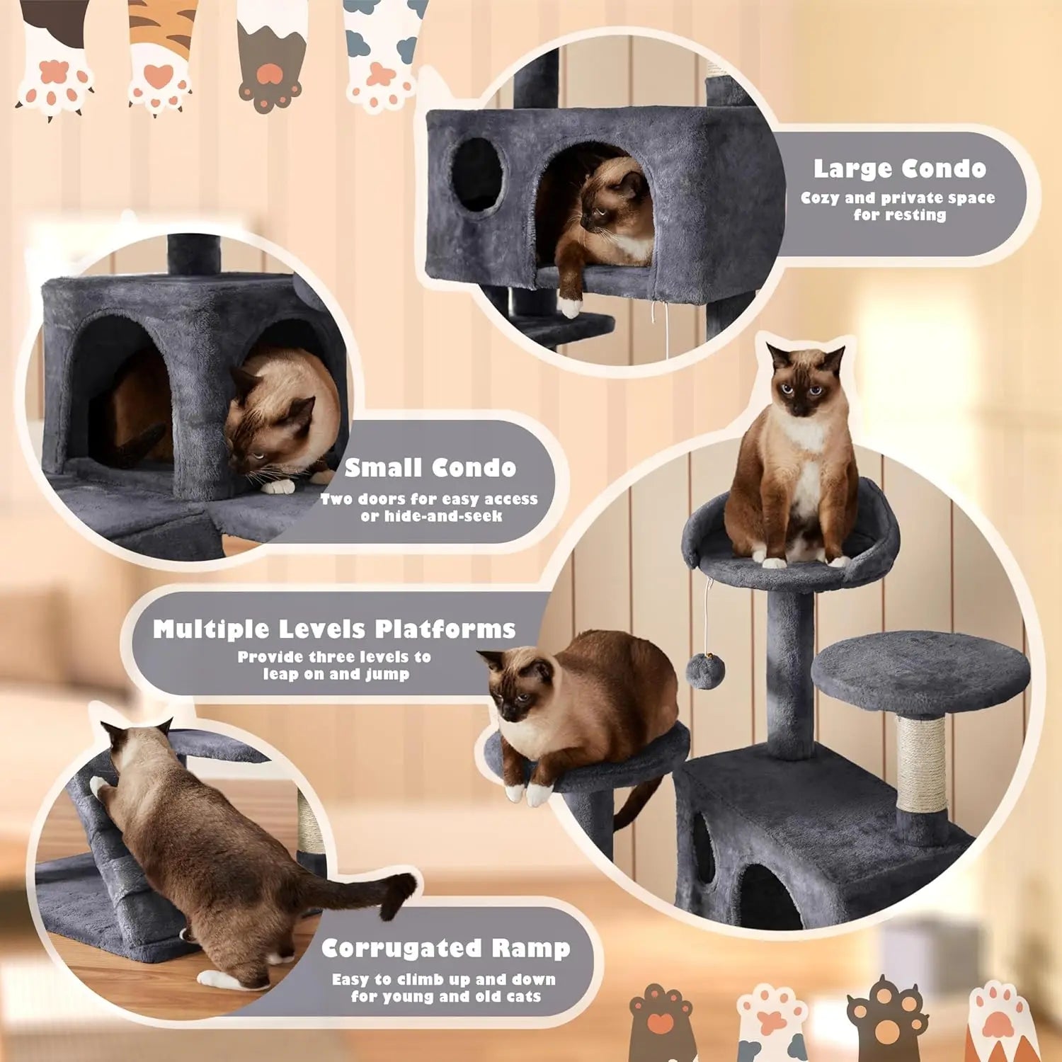 54in Multi-Level Cat Tree Kitten-ear Perch 2 Caves Scratch Posts Ladder 2 Balls Indoor Kittens Durable Pet Furniture , Custom annizon.com