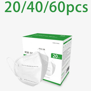 20/40/60pcs white and black 5-layer KN95 masks, with breathable elastic earrings, filtration efficiency of 95%, dustproof