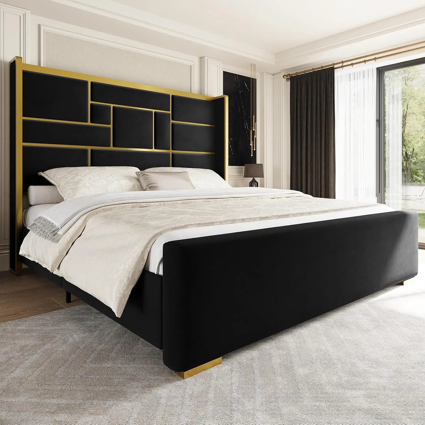 Bed Frame with 55.12" Tall Headboard, Modern Luxury Velvet Upholstered Platform Bed with Gold Trim, Wide Wingback, Custom annizon.com