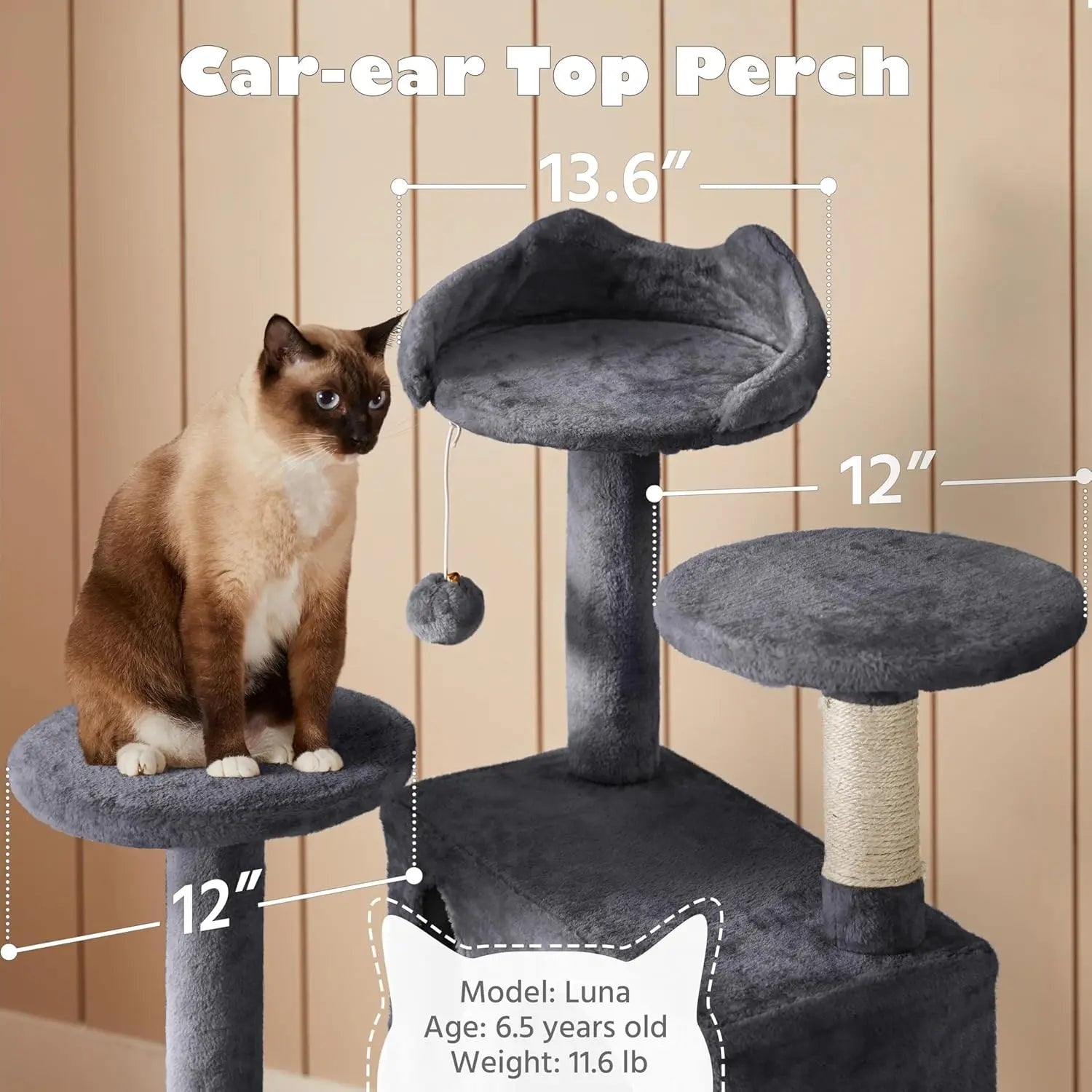 54in Multi-Level Cat Tree Kitten-ear Perch 2 Caves Scratch Posts Ladder 2 Balls Indoor Kittens Durable Pet Furniture , Custom annizon.com