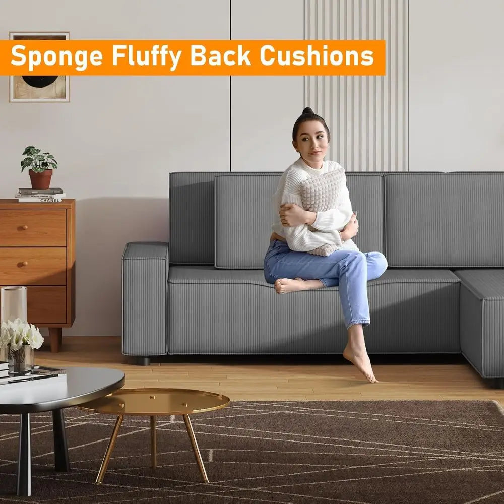 96 L-Shaped Sleeper Sofa with Chaise Lounge, Premium Corduroy Fabric, 1200 lbs Support, Ideal for Small Living Rooms annizon.com