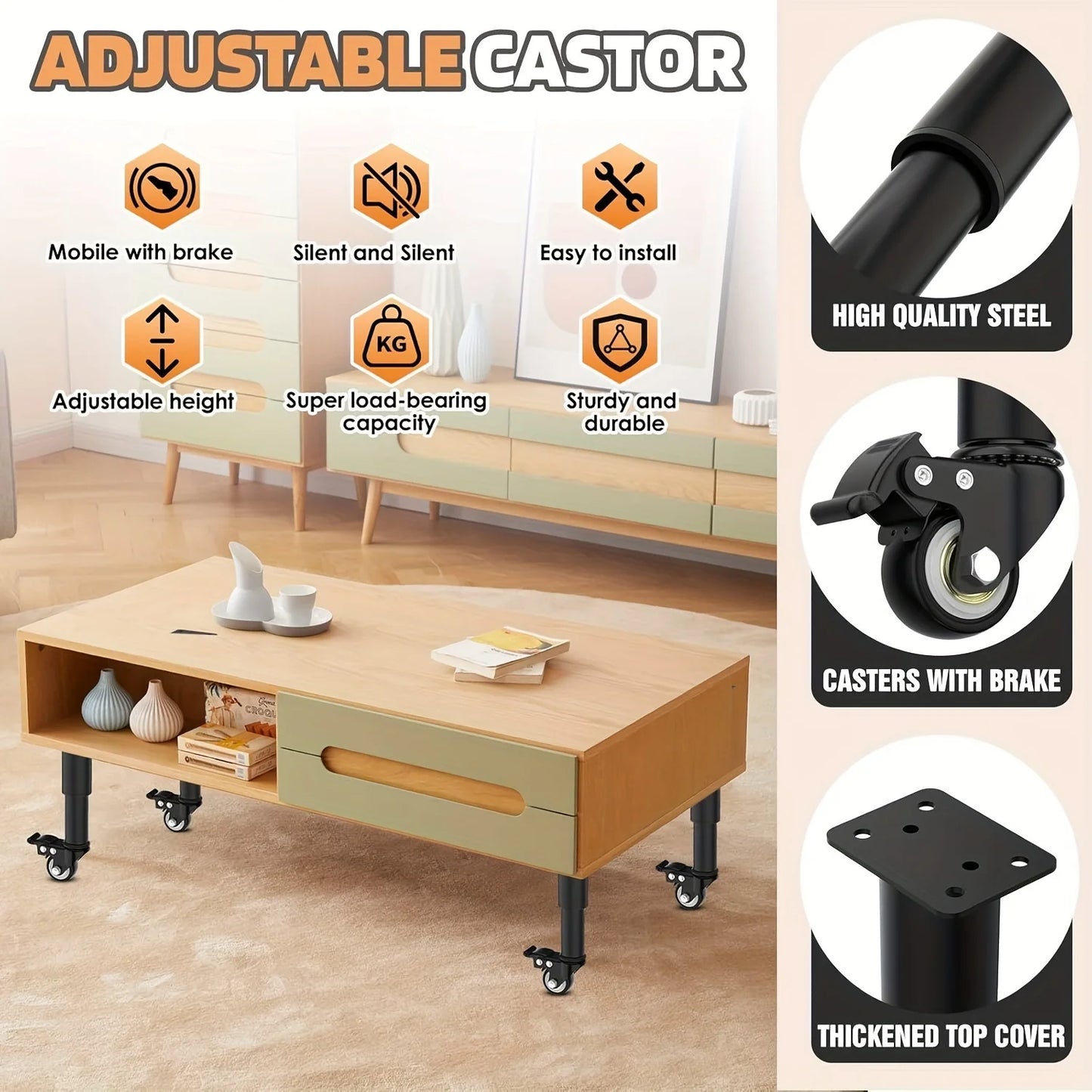 4pcs Metal Extendable Furniture Legs with Casters,  Table Legs,with Heavy-Duty Replacement for Cabinets, Sofas, Desks, Dressers annizon.com