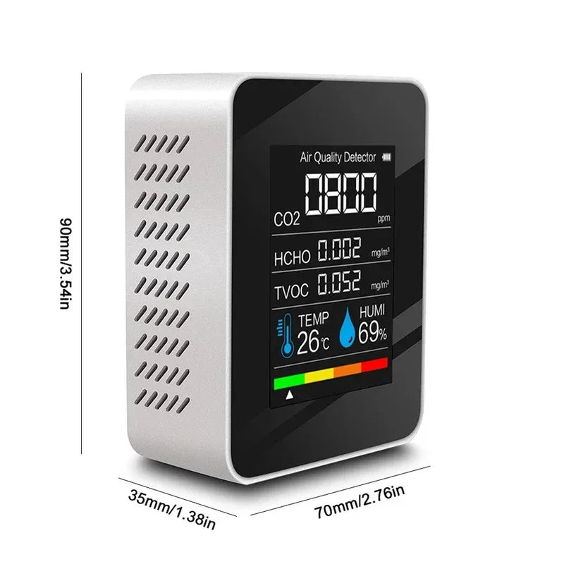 5-in-1 Carbon Dioxide Detector Formaldehyde/TVOC/CO₂/Temperature/Humidity Air Quality Monitor Audible and Visual Alarm Function