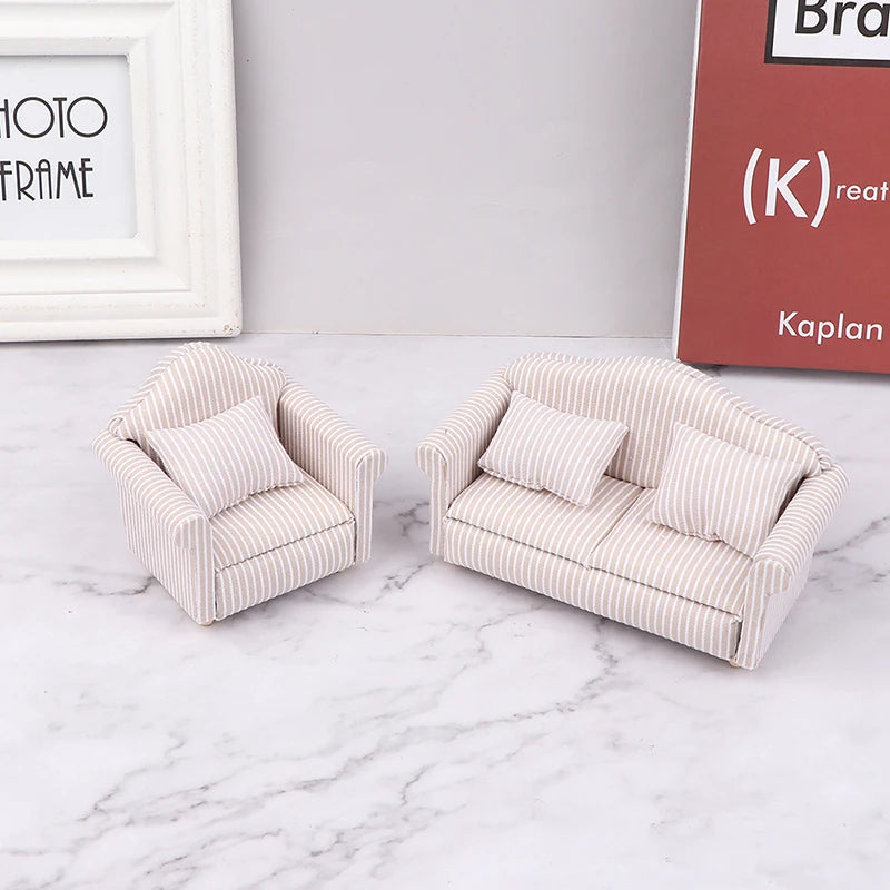 1:12 Dollhouse Miniature Striped Furniture Sofa With Pillow Sofa Model Furniture Scene Toy Doll House Decor Dollhouse Accessorie annizon.com