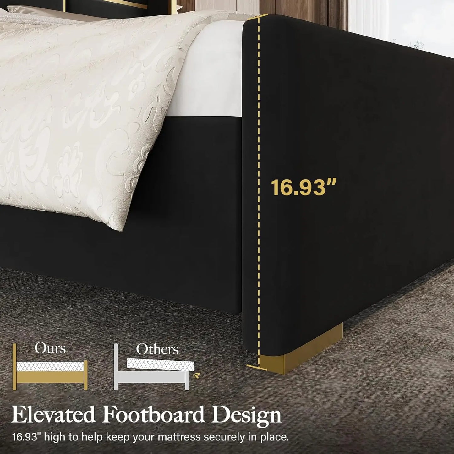 Bed Frame with 55.12" Tall Headboard, Modern Luxury Velvet Upholstered Platform Bed with Gold Trim, Wide Wingback, Custom annizon.com