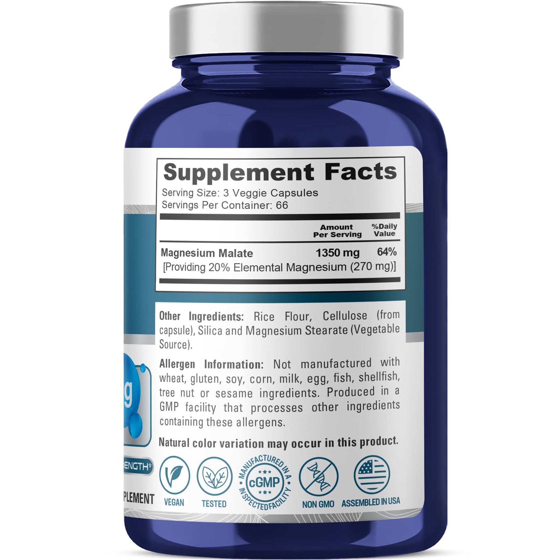 NusaPure Magnesium Malate 1350mg 200 Veggie Capsules (Vegan, Non-GMO, Vegan) NusaPure