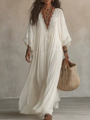 Lace Trim V-Neck Maxi Dress