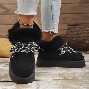 Plush Faux Fur Lined Platform Boots with Ribbon Lacing