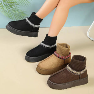 Cozy Knit-Cuff Platform Suede Boots with Decorative Trim