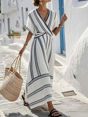 Full Size Striped Surplice Half Sleeve Midi Dress Plus Size