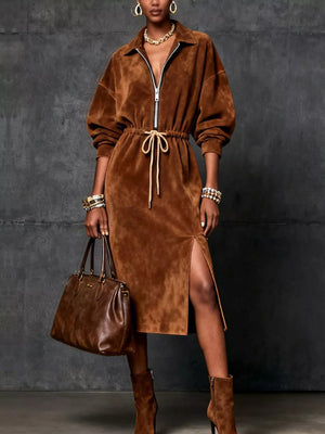 Drawstring Waist Zip-Front Midi Dress