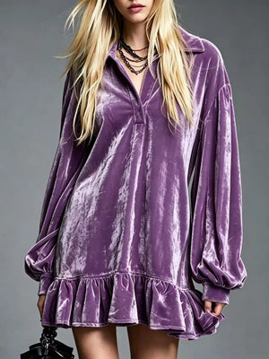 Full Size Velvet Long-Sleeve Ruffle Hem Mini Dress Plus Size
