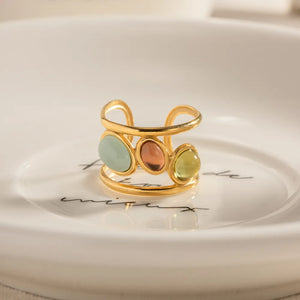 18K Gold-Plated Gemstone Open Cuff Ring