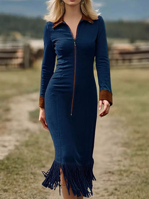 Full Size Fringe Hem Zip Front Midi Dress Plus Size
