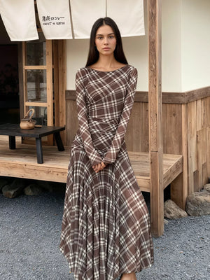 Plaid Long-Sleeve Slim-Fit Maxi Dress