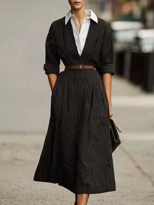 Striped Collared Neck Midi Dress