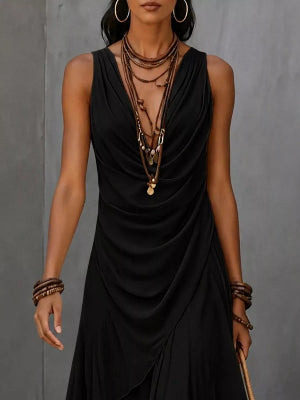 Black women's flowy midi dress with layered skirt