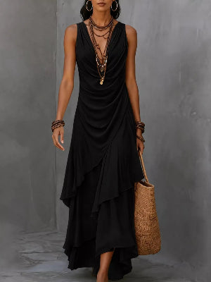 Black women's flowy midi dress with layered skirt