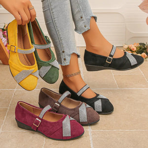 Rhinestone Embellished Suede Loafers with Adjustable Buckle Strap
