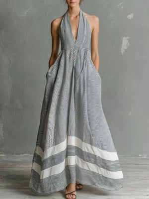 Full Size Striped Halter Neck Maxi Dress with Pockets Plus Size