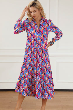 Printed Collared Neck Long Sleeve Midi Dress