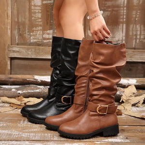 Slouchy Mid-Calf Boots with Buckle Detail
