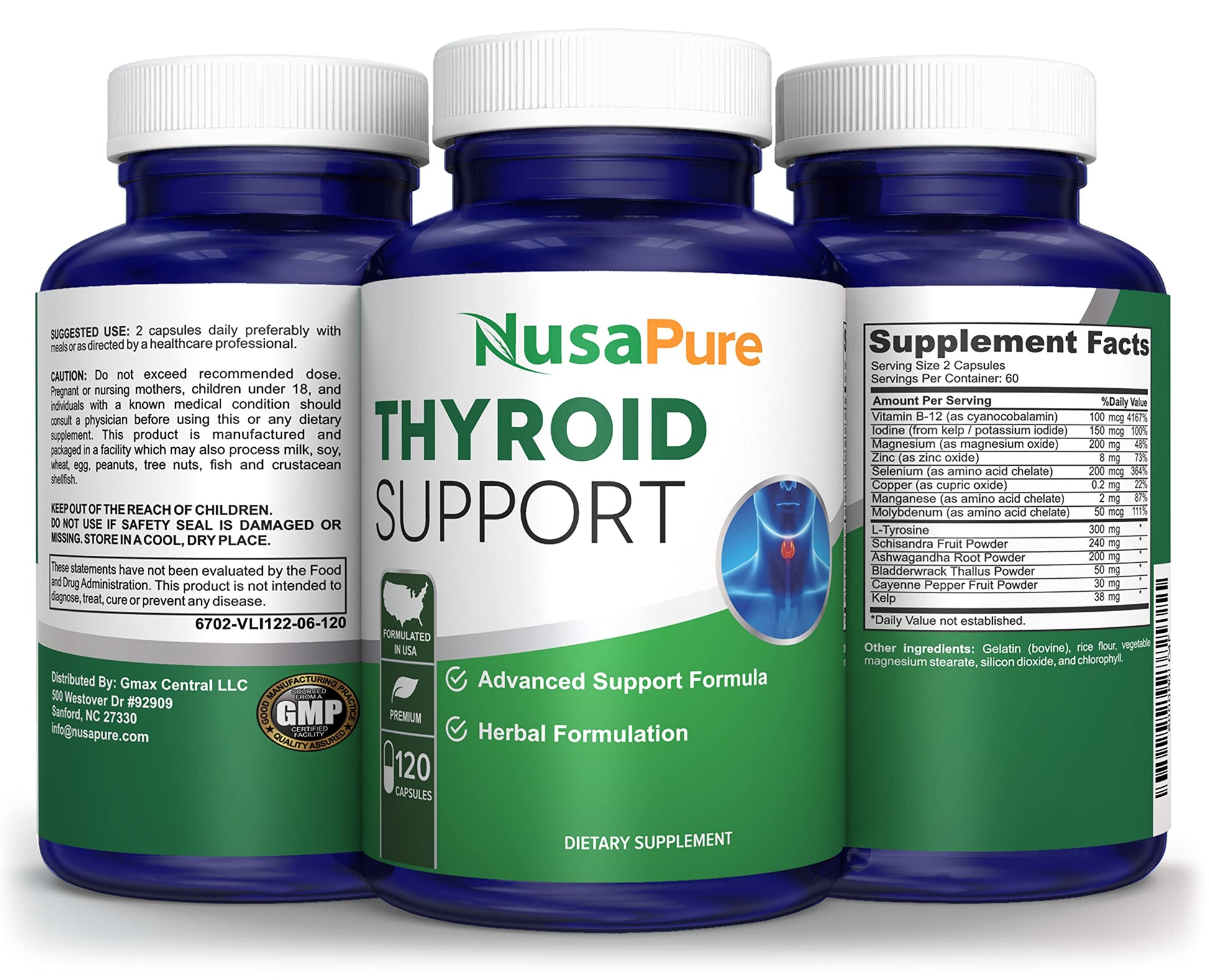 NusaPure Thyroid Support Supplement (Non-GMO) 120 caps, Ashwaganda, Iodine, Zinc, kelp, Vitamin B12, L-Tyrosine, Selenium, Copper NusaPure