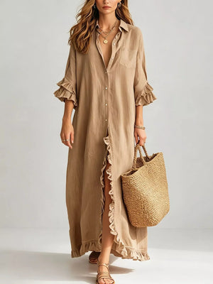 Full Size Ruffled Trim Button-Down Maxi Shirt Dress Plus Size