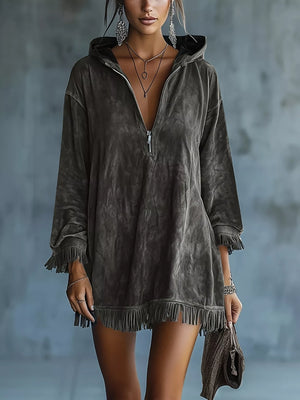 Full Size Hooded Fringed Half Zip Mini Dress Plus Size