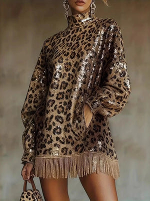 Full Size Leopard Sequin Mock Neck Fringe Hem Mini Dress Plus Size
