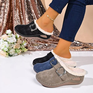 Faux Fur Lined Heart Buckle Slip-Ons