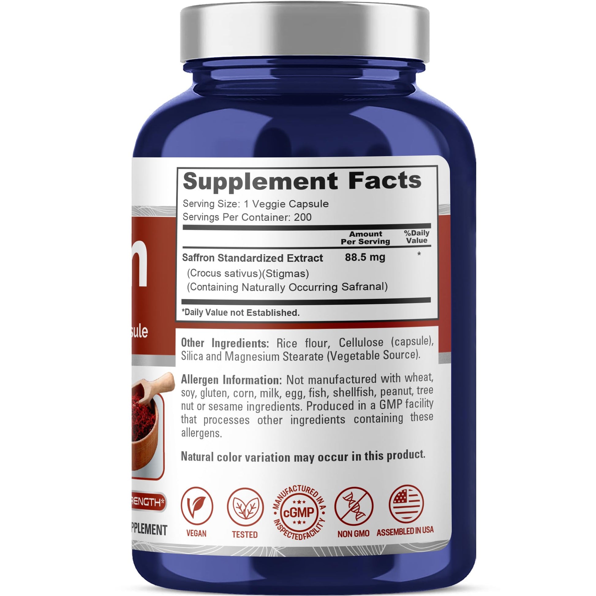 NusaPure Saffron Extract 88.5mg 200 Veggie Caps (Vegetarian, Non-GMO, Vegan) NusaPure