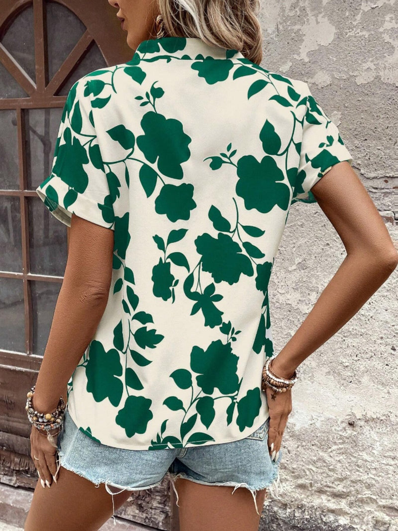 Flower Notched Short Sleeve Blouse