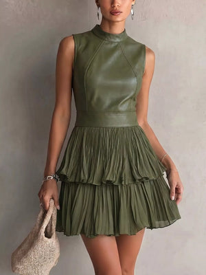 Sleeveless Faux Leather Layered Pleated Mini Dress