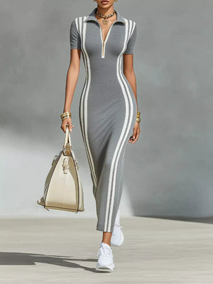 Full Size Contrast Stripes Short Sleeve Midi Dress Plus Size