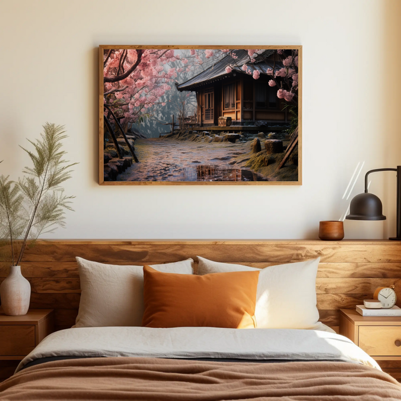 Cherry Blossom Next to a Wood House