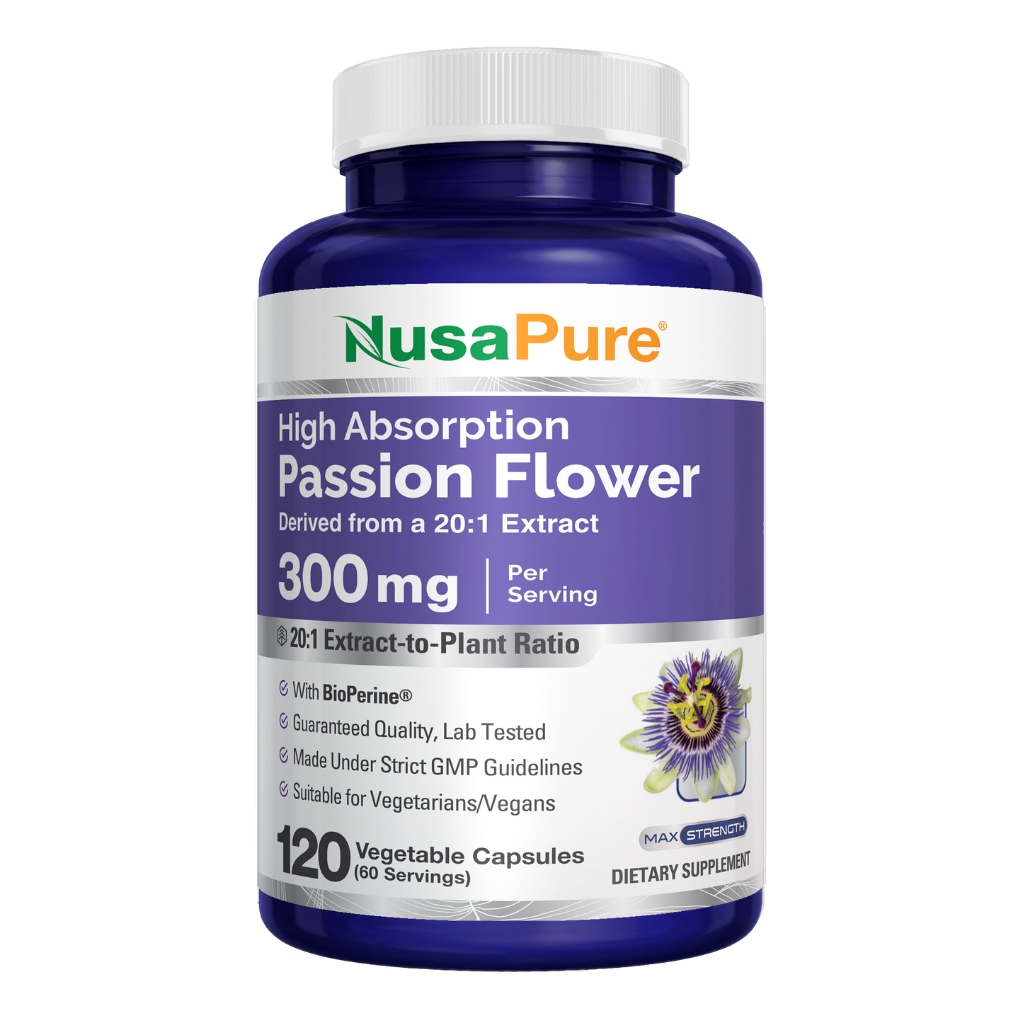 NusaPure Passion Flower 20:1 Extract, 300 mg, 120 Veggie Caps, Non-GMO, Bioperine, Extract Supplement NusaPure